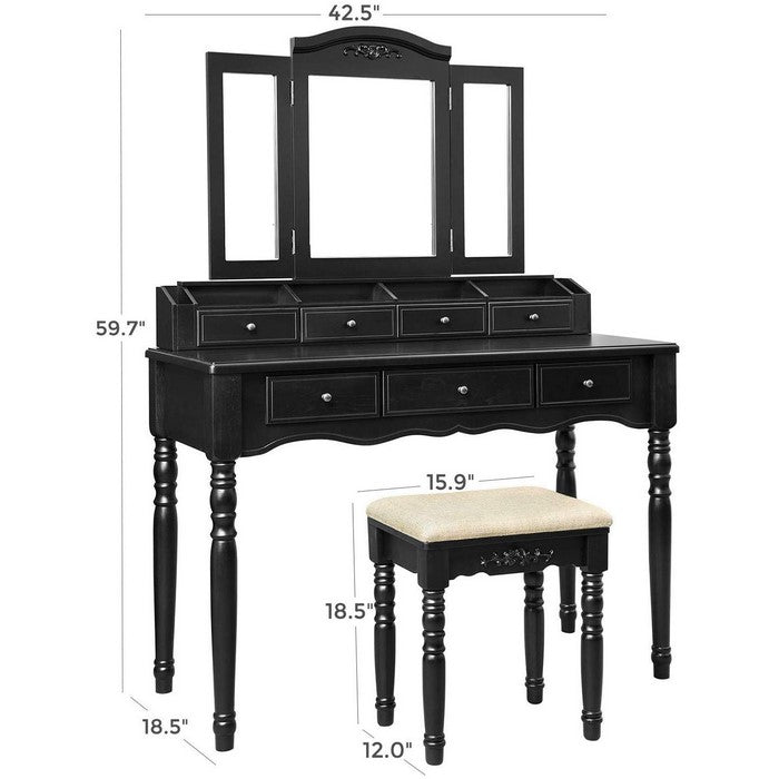 3 Piece Wooden Vanity Set with Trifold Mirror and Padded Stool, Black