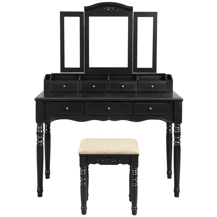 3 Piece Wooden Vanity Set with Trifold Mirror and Padded Stool, Black