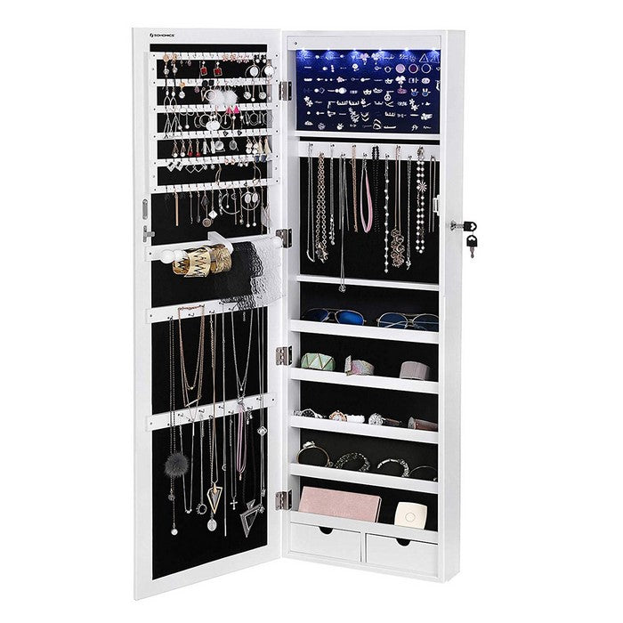 Jewelry Organizer Cabinet with Felt Lining and Multiple Hooks, White