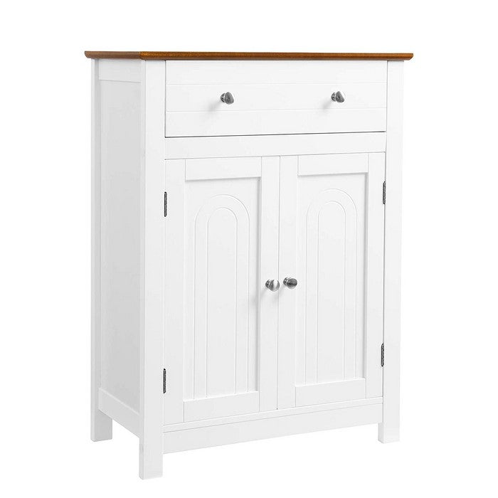Plank Style Bathroom Cabinet with 1 Drawer and 2 Doors, White and Brown