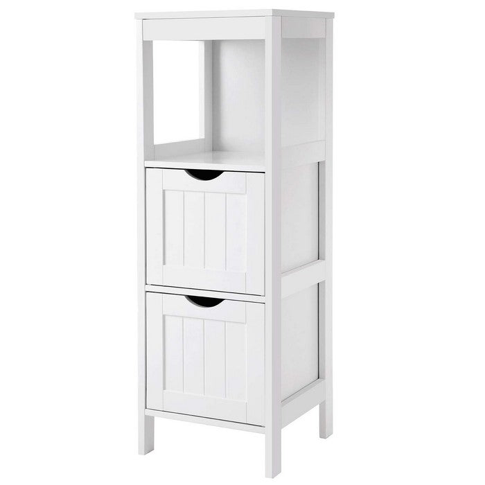 Plank Style Wooden Bathroom Cabinet with 2 Drawers and 1 Open Shelf, White