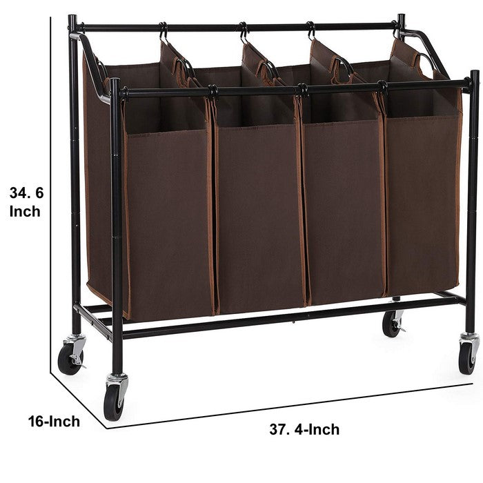 4 Bag Metal Frame Laundry Storage Cart with Casters, Brown