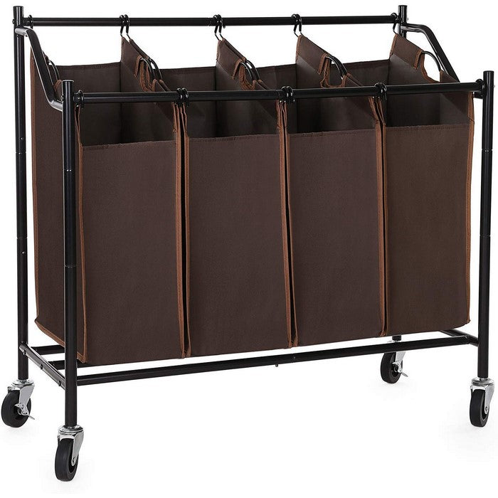 4 Bag Metal Frame Laundry Storage Cart with Casters, Brown