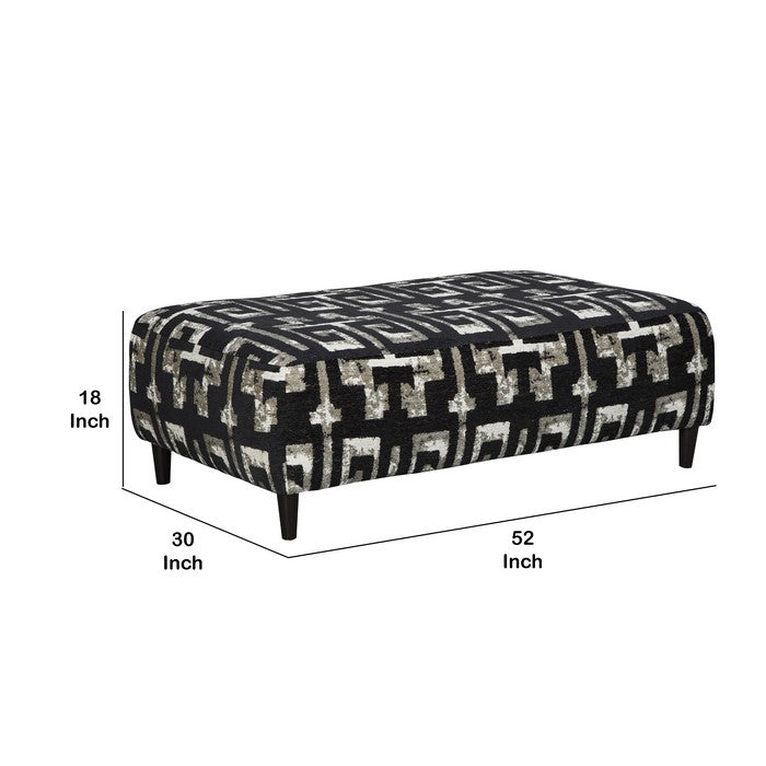 Oversized Ottoman with Faux Wooden Tapered Legs and Fret Pattern, Black