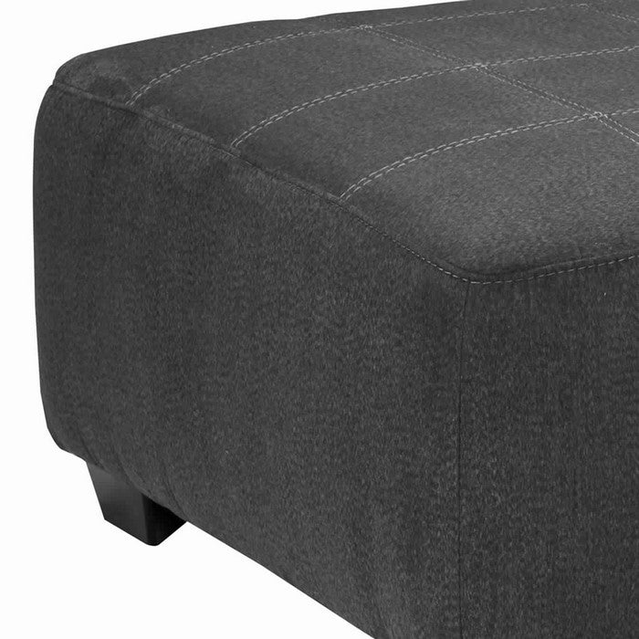 Fabric Upholstered Wooden Ottoman with Stitched Seating, Light Gray