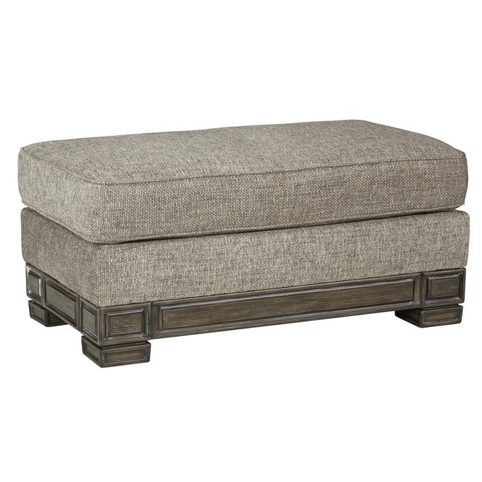 Polyester Upholstered Ottoman with Piped Stitching and Block Legs, Gray