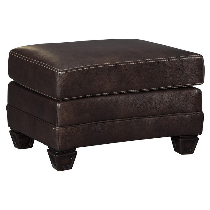 Traditional Fabric Upholstered Ottoman with Wooden Tapered Legs, Brown