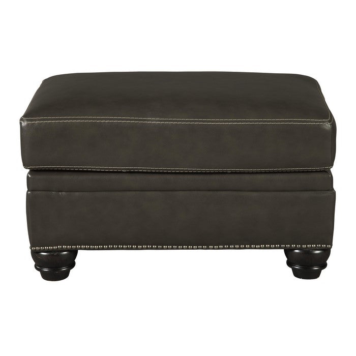 Fabric Upholstered Wooden Ottoman with Nail head Trims and Turned Legs, Gray