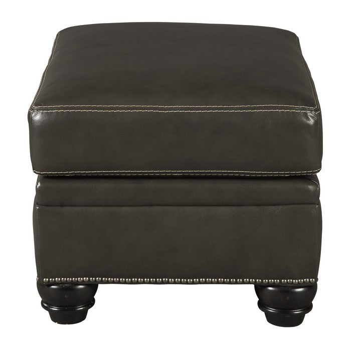 Fabric Upholstered Wooden Ottoman with Nail head Trims and Turned Legs, Gray