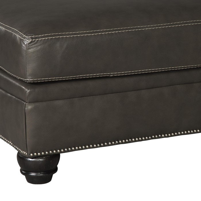 Fabric Upholstered Wooden Ottoman with Nail head Trims and Turned Legs, Gray