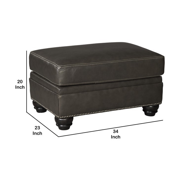 Fabric Upholstered Wooden Ottoman with Nail head Trims and Turned Legs, Gray
