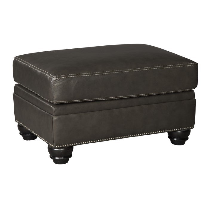 Fabric Upholstered Wooden Ottoman with Nail head Trims and Turned Legs, Gray