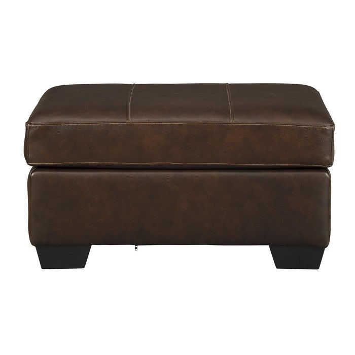 Wooden Faux Leather Upholstered Ottoman with Stitched Seating, Brown