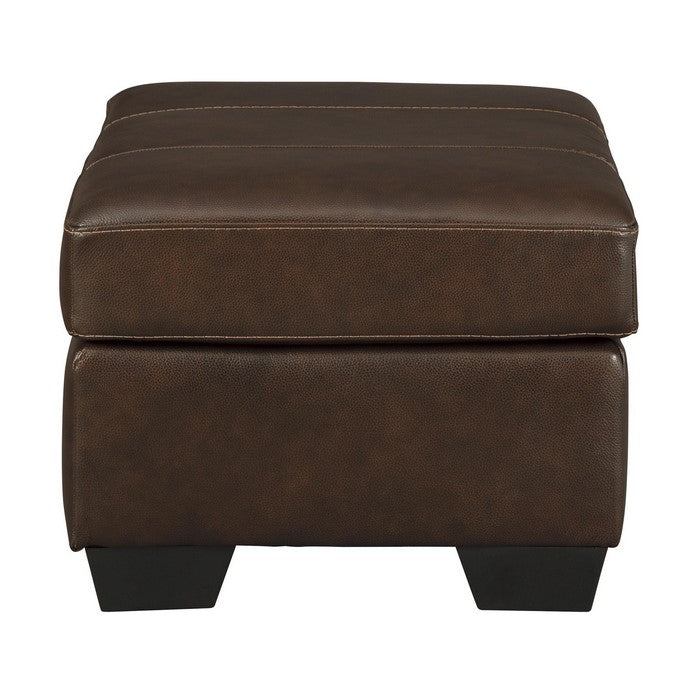 Wooden Faux Leather Upholstered Ottoman with Stitched Seating, Brown