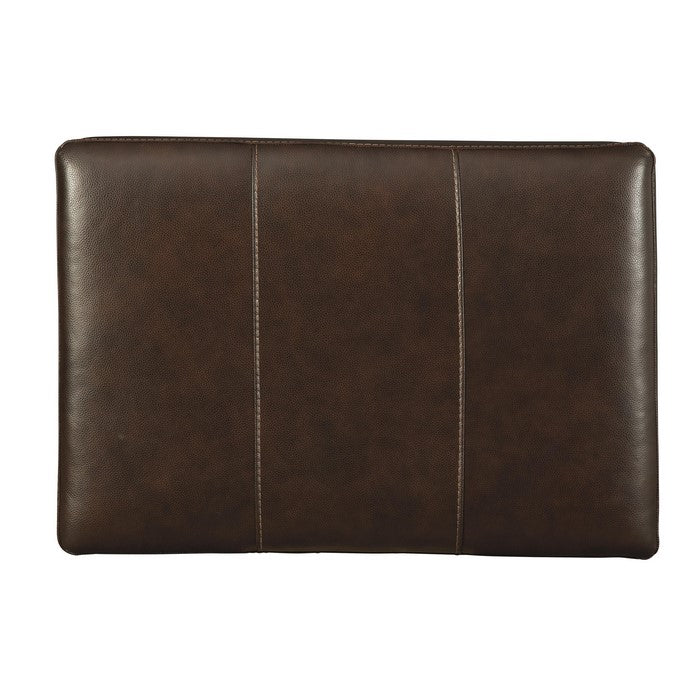 Wooden Faux Leather Upholstered Ottoman with Stitched Seating, Brown