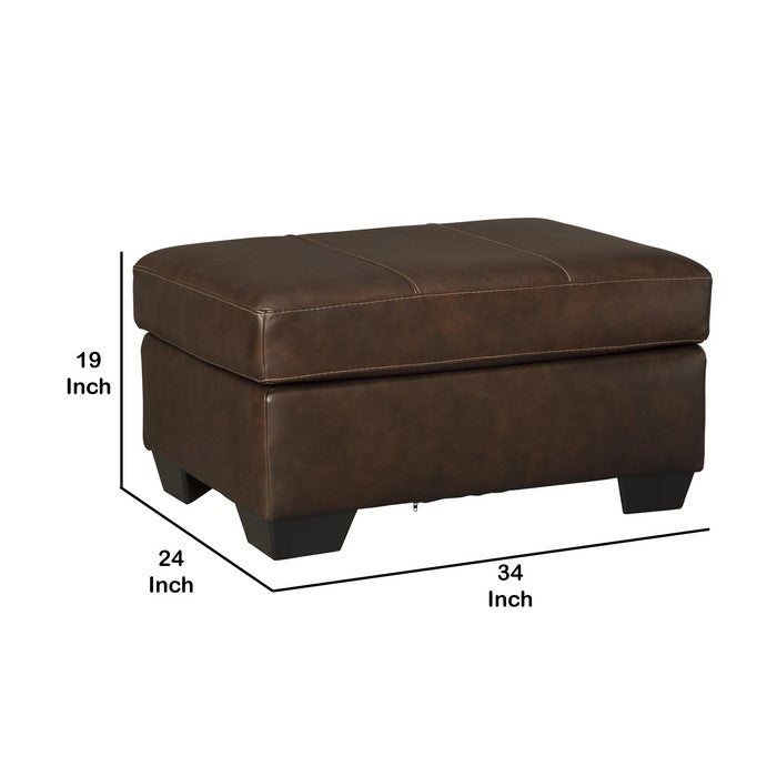 Wooden Faux Leather Upholstered Ottoman with Stitched Seating, Brown