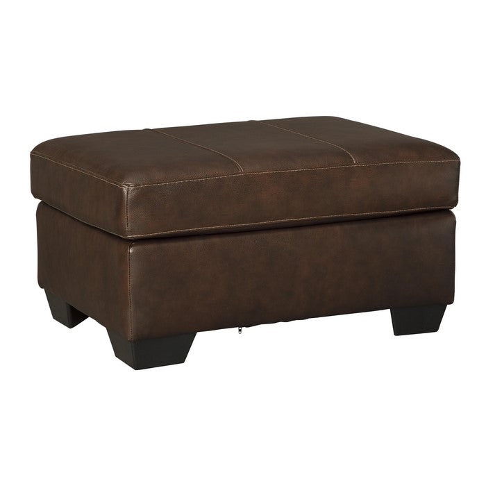 Wooden Faux Leather Upholstered Ottoman with Stitched Seating, Brown