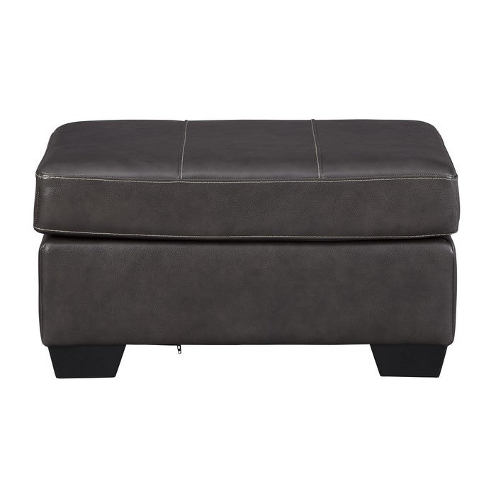 Leatherette Upholstered Wooden Ottoman with Contrast Stitching, Dark Gray