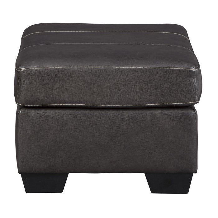 Leatherette Upholstered Wooden Ottoman with Contrast Stitching, Dark Gray