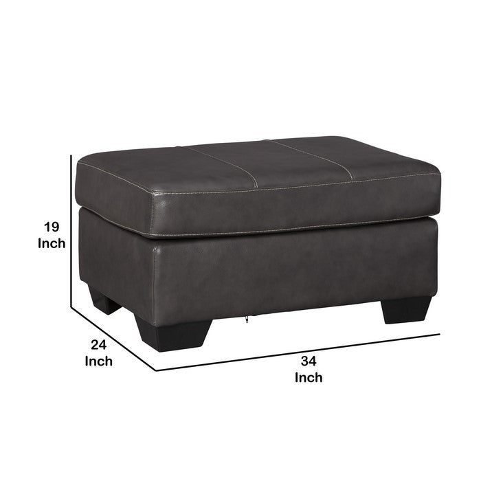 Leatherette Upholstered Wooden Ottoman with Contrast Stitching, Dark Gray