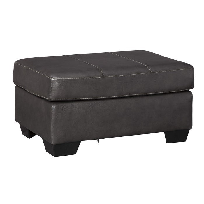 Leatherette Upholstered Wooden Ottoman with Contrast Stitching, Dark Gray