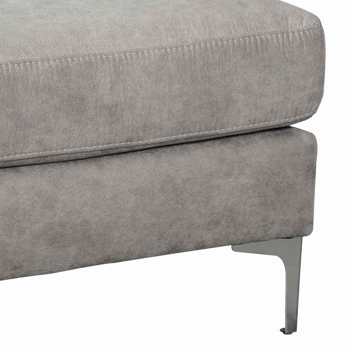 Fabric Upholstered Wooden Ottoman with Straight Metal Legs, Gray and Silver