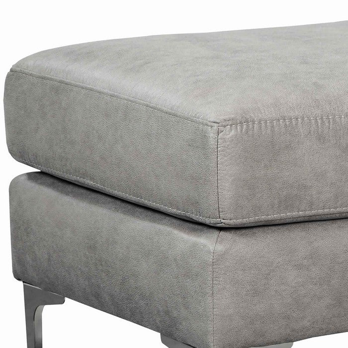Fabric Upholstered Wooden Ottoman with Straight Metal Legs, Gray and Silver