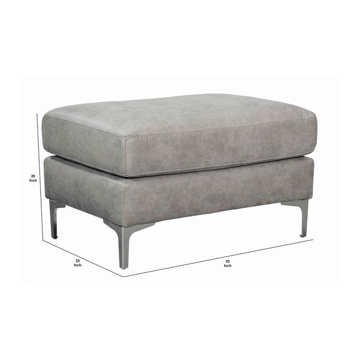 Fabric Upholstered Wooden Ottoman with Straight Metal Legs, Gray and Silver