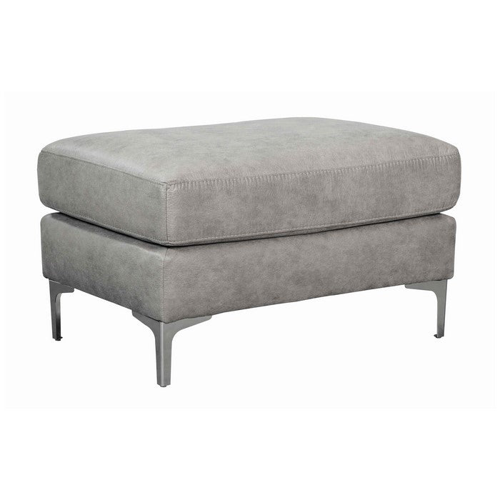 Fabric Upholstered Wooden Ottoman with Straight Metal Legs, Gray and Silver