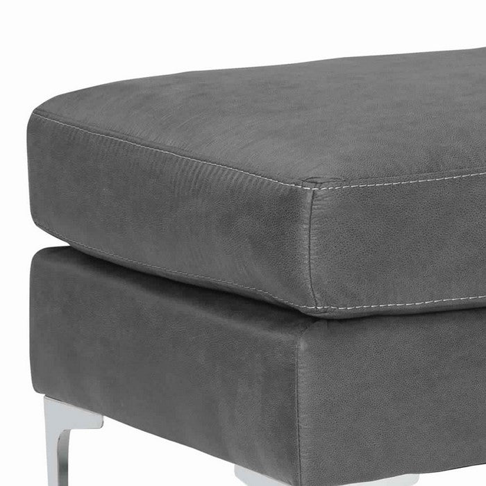 Contemporary Upholstered Ottoman with Straight Metal Legs, Gray and Silver