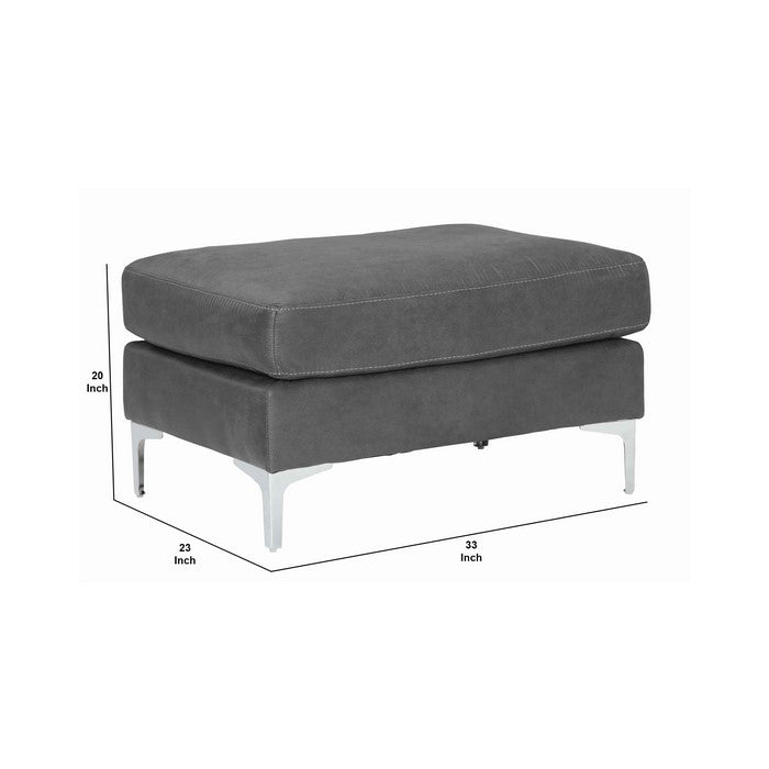 Contemporary Upholstered Ottoman with Straight Metal Legs, Gray and Silver