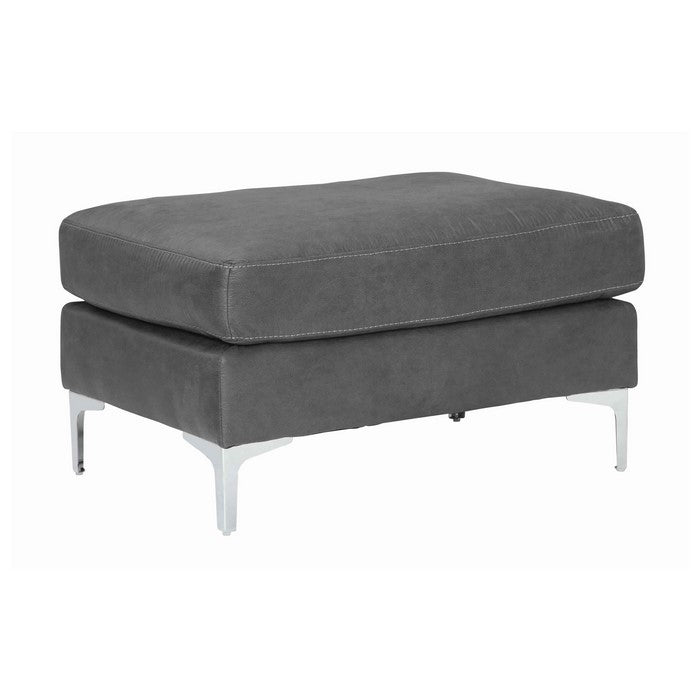 Contemporary Upholstered Ottoman with Straight Metal Legs, Gray and Silver
