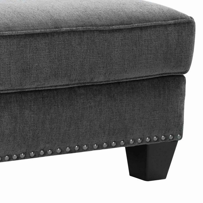 Contemporary Style Polyester Upholstered Ottoman with Nail head Trim, Gray
