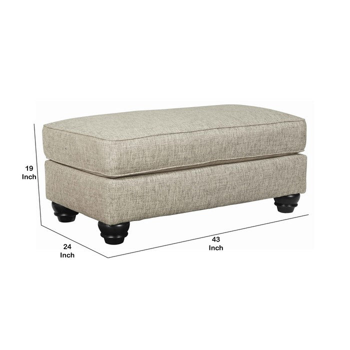 Wooden Polyester Upholstered Ottoman with Turned Legs, Cream