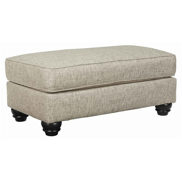 Wooden Polyester Upholstered Ottoman with Turned Legs, Cream