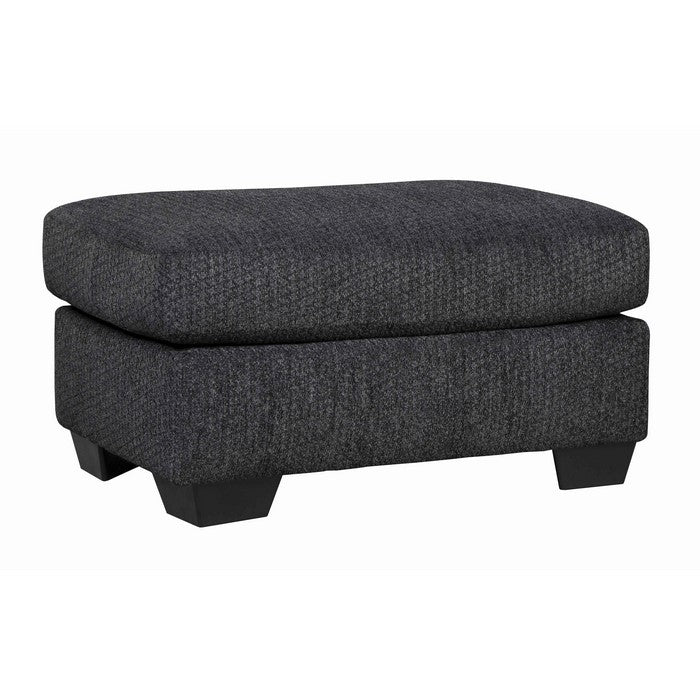 Wooden Polyester Upholstered Ottoman with Tapered Block Legs, Dark Gray