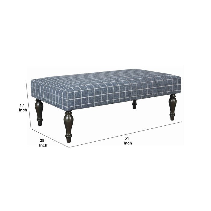 Wooden Polyester Upholstered Oversized Ottoman with Turned Legs, Blue