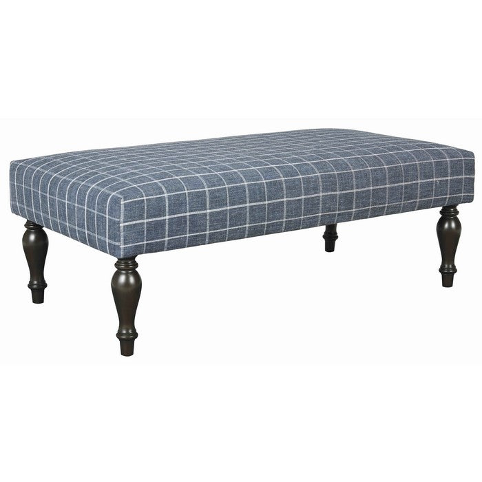 Wooden Polyester Upholstered Oversized Ottoman with Turned Legs, Blue