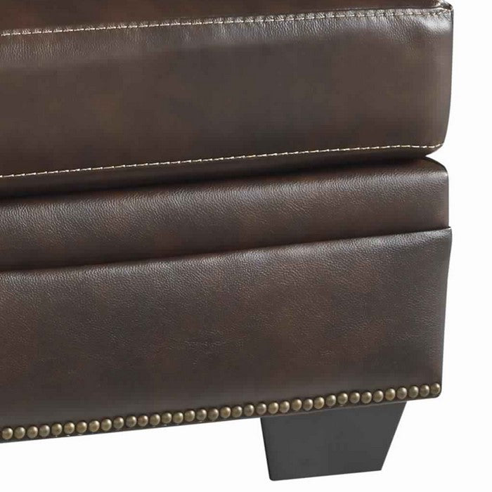 Wooden Ottoman with Faux Leather Upholstery and Tapered Block Legs, Brown