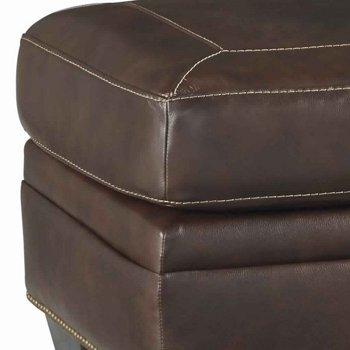 Wooden Ottoman with Faux Leather Upholstery and Tapered Block Legs, Brown