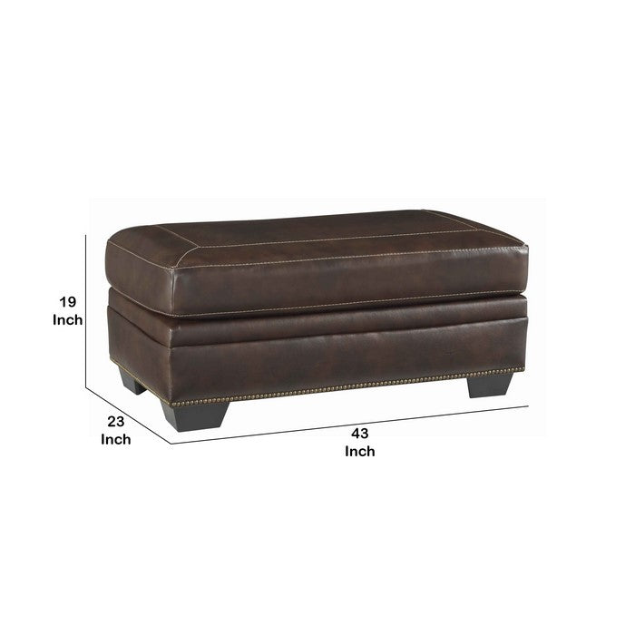 Wooden Ottoman with Faux Leather Upholstery and Tapered Block Legs, Brown