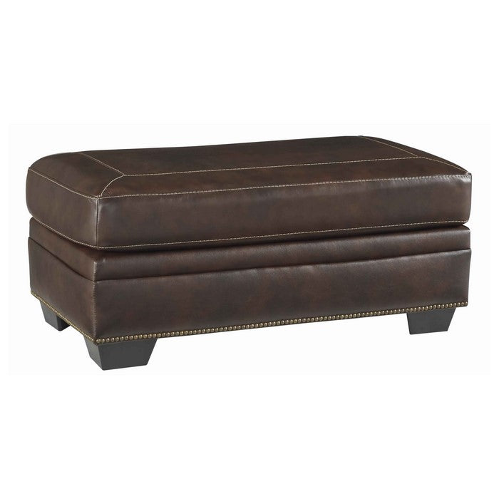 Wooden Ottoman with Faux Leather Upholstery and Tapered Block Legs, Brown