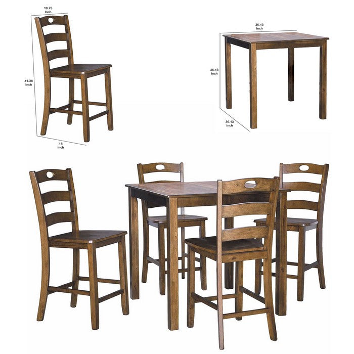 5 Piece Counter Height Set with 1 Square Table and 4 Chairs, Brown