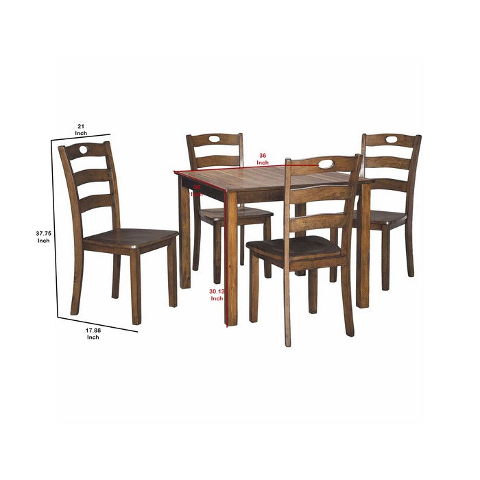 5 Piece Dining Set with 1 Square Table and 4 Curved Back Chairs, Brown