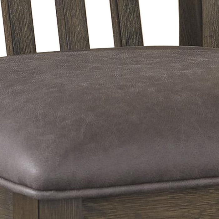 Wooden Side Chair with Leatherette Seat and Slated Backrest,Set of 2, Brown