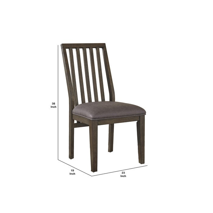 Wooden Side Chair with Leatherette Seat and Slated Backrest,Set of 2, Brown