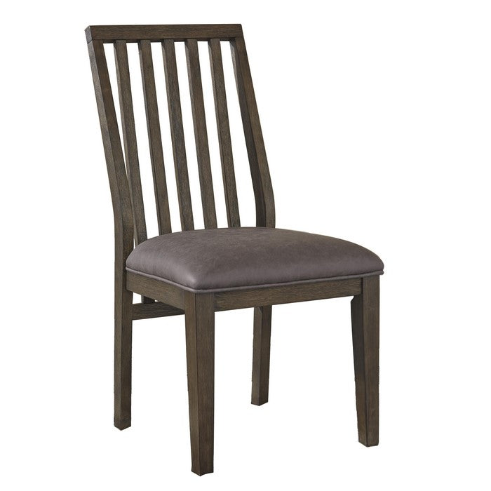 Wooden Side Chair with Leatherette Seat and Slated Backrest,Set of 2, Brown