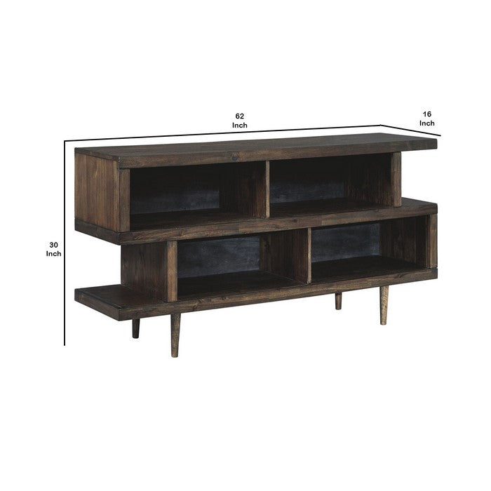 4 Open Shelf Storage Asymmetrical Server with Round Tapered Legs, Brown