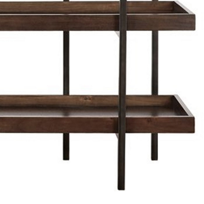 Bookcase with 5 Fixed Wooden Shelves and Metal Frame, Brown and Black