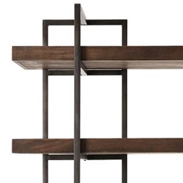 Bookcase with 5 Fixed Wooden Shelves and Metal Frame, Brown and Black